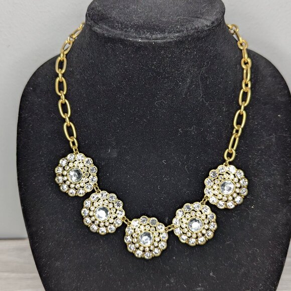 Vintage J Crew Signed Gold Tone & Clear Rhinestones Necklace Lobster Claw Clasp - Picture 1 of 12